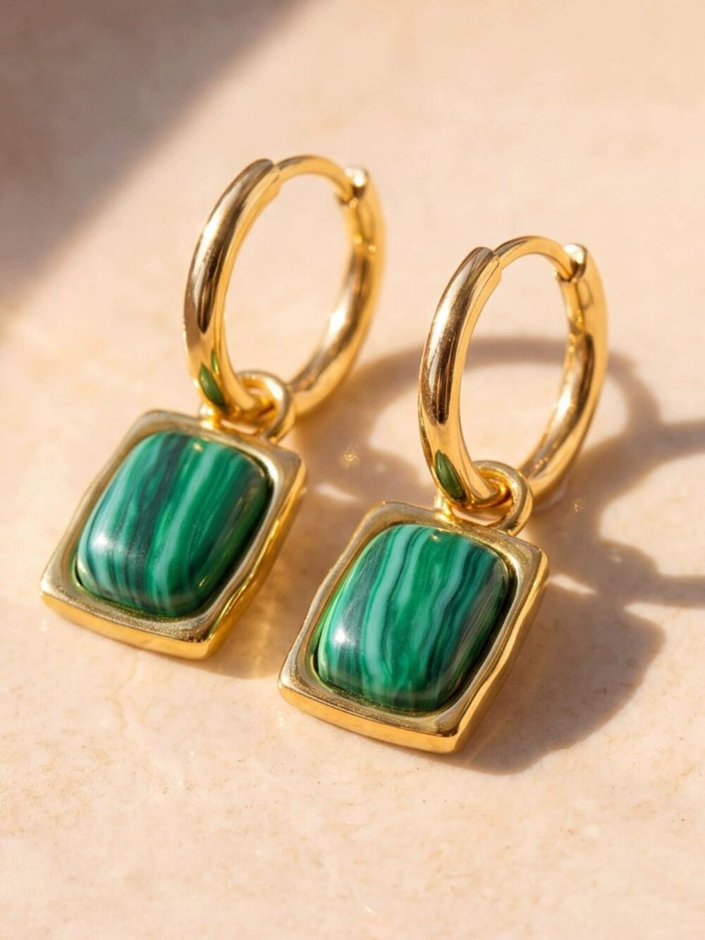Gold Huggie Hoop Malachite Green Rectangle Drop Earrings
